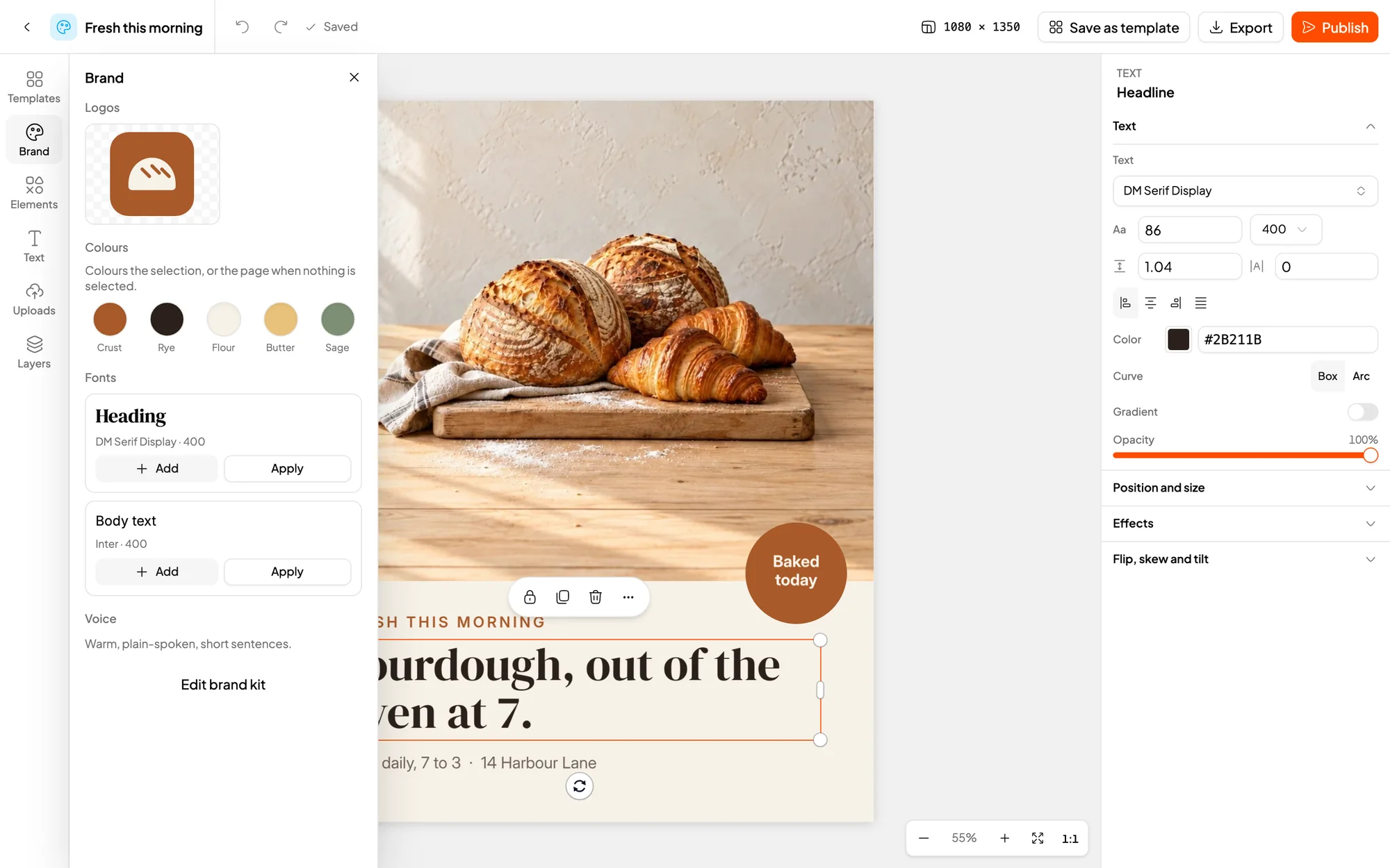 The brand panel in Creator's editor showing the bakery's logo, five colours and the heading and body fonts