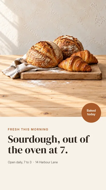 The same bakery post at 9:16: a photo of sourdough and croissants with the headline “Sourdough, out of the oven at 7.”