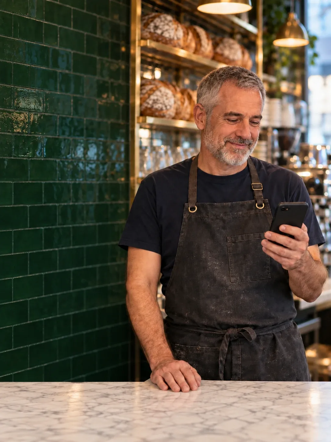 A bakery owner smiling at his phone behind a marble counter, with green tiles and shelves of sourdough