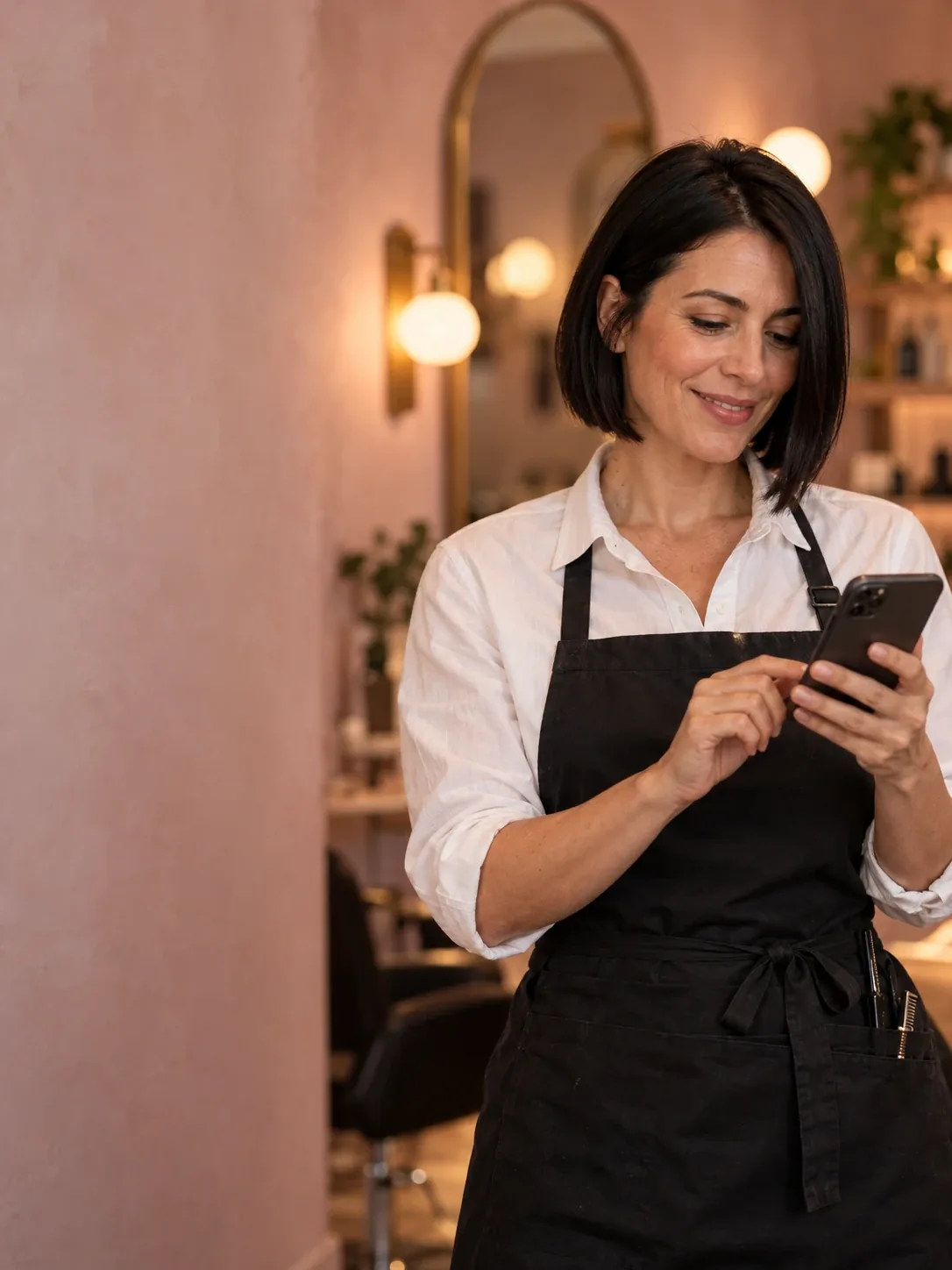 A hair salon owner smiling at her phone in a salon with blush walls and an arched mirror